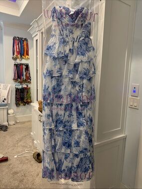 Windsor White and Blue Floral Tiered Prom Dress